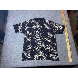 Newport Blue Polo Shirt Mens Large Black Floral All Over Print